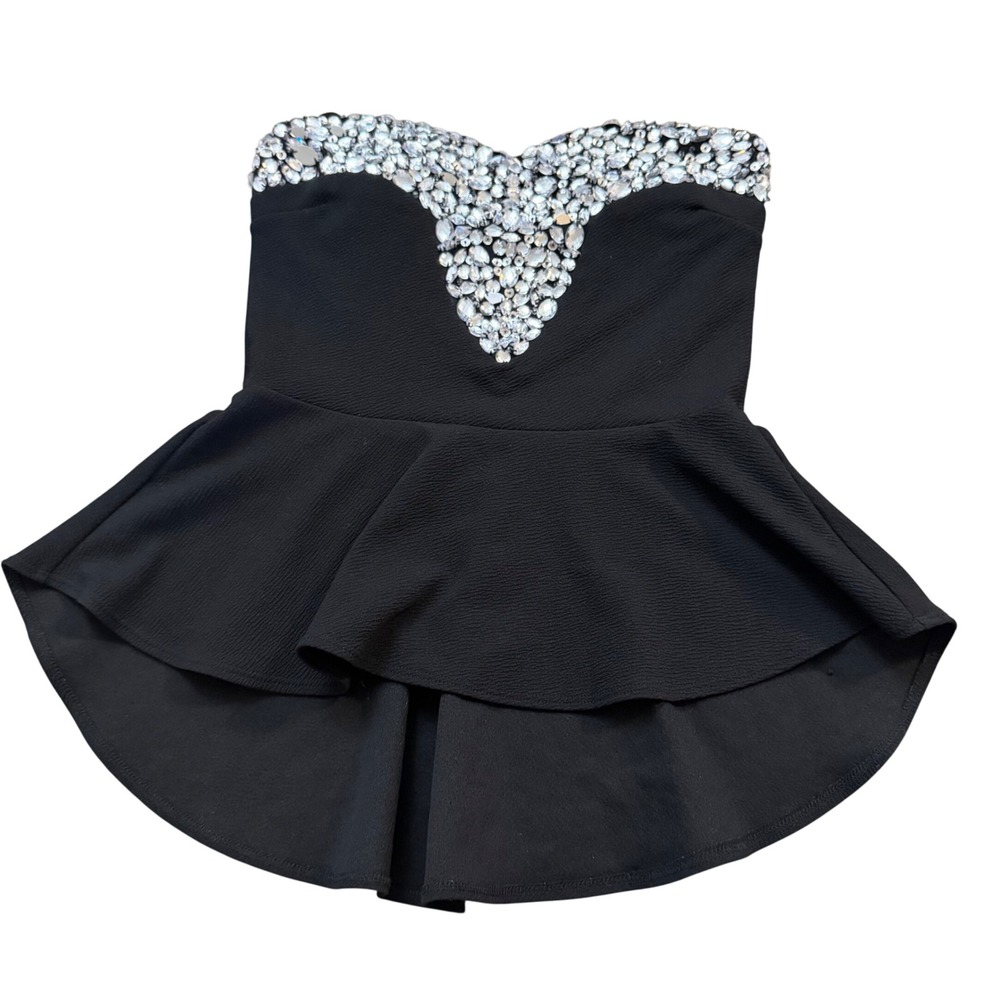Janice‎ Black Strapless Rhinestone Embellished Peplum Top Sweetheart Neck T404 M